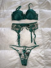 Honey Birdette Whitney Emerald Green Set Bra 36 D Garter Belt L Thong M NWOT