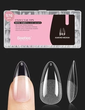 Beetles Medium Almond Nail Tips 576pcs Clear Soft Gel Pre-Etched Full Cover Set