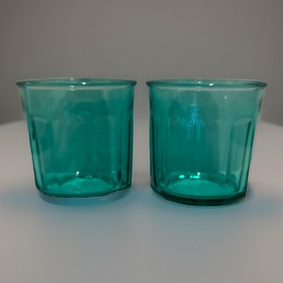 Set of 2 Luminarc 500 ML Aqua Teal Glass Rocks Old Fashion France VTG 10 Panel