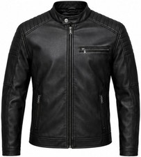 Men s Black Leather Biker Jacket Quilted Shoulder Slim Fit Zip Up Casual Coat