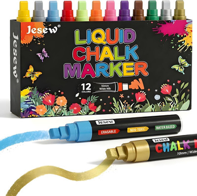 Chalk Markers for Blackboard Erasable, 12 Colors Liquid Chalk Pens with Gold & S