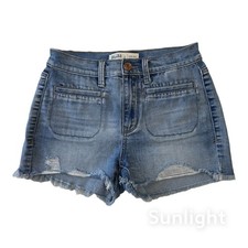 Mudd FLX Distressed Denim Jean Shortie Junior SZ 3 Blue Frayed Hem High Rise
