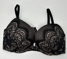 Victoria Secret Bra Women 32DD Dream Angels Push Up Black Lace Over Beige