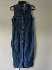 Vintage Button-Front Denim Midi Dress in Dark Blue 100 cotton