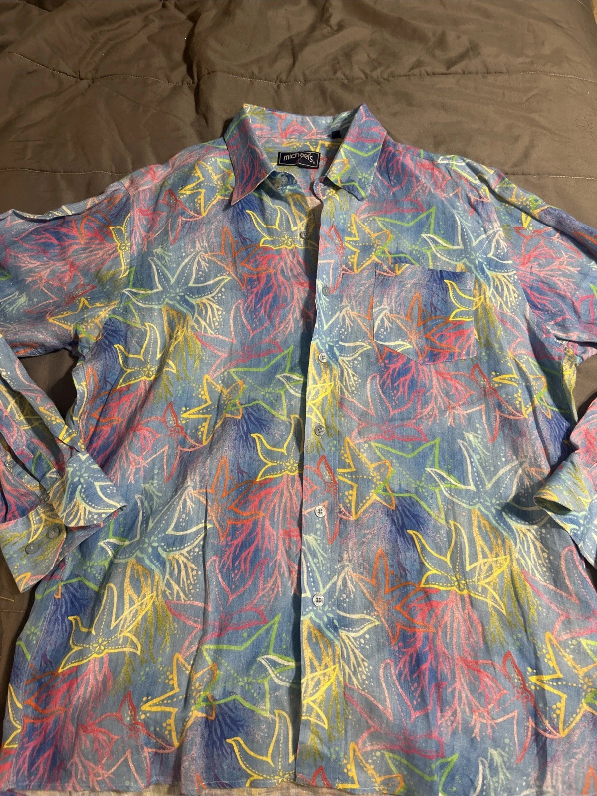 michael’s Mens M Long Sleeve Button Front Linen Shirt Multicolored Starfish