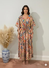 Indian Peach Frida Handmade Cotton Kaftan Maxi Dress Women's Clothing Gown US