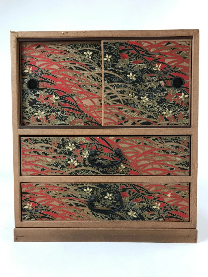 Japanese Chiyogami Paper Sewing Box Vtg Haribako Tansu 4 Drawers Flowers T360 - Image 2 of 4