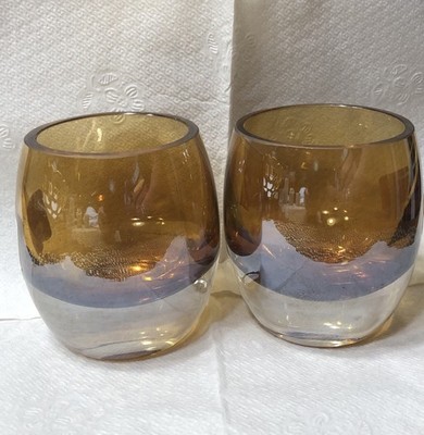 Set Of 2 Mikasa Home Accents Solaris Amber  Votive Candle Holder Heavy Base