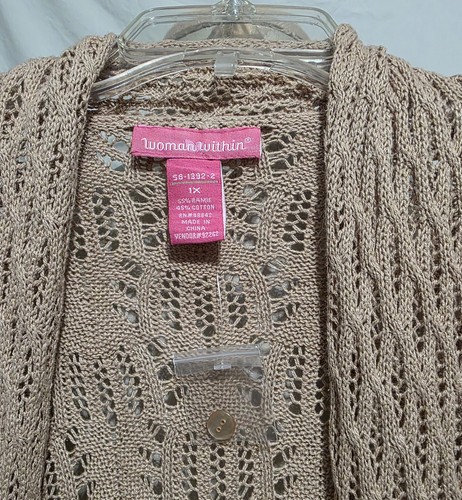 Woman Within 1X Cardigan Sweater Coat Beige Open Pointed Front Hem Openwork Knit - Picture 6 of 7
