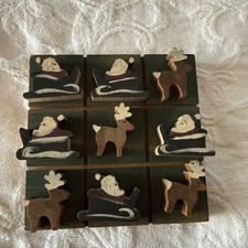 Vintage Wooden Santa Reindeer Tic Tac Toe Game Wood Board Hand painted