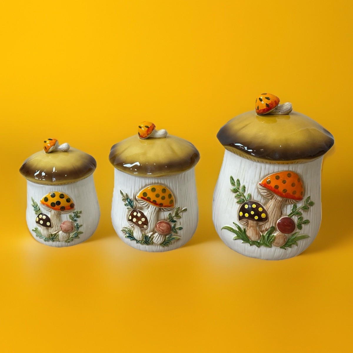 VTG Merry Mushroom Set of 3 Canisters w/Lids - Sears, Roebuck & Co