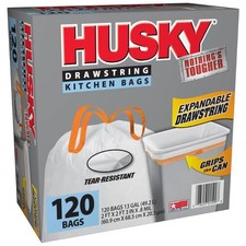 Husky Tall Kitchen White Trash Bags, 13 Gallon, 120 Bags Expandable Drawstring  