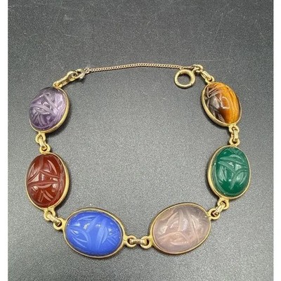 14k Gold Egyptian Revival Scarab With Tiger's Eye, Amethyst, Rose Quartz
