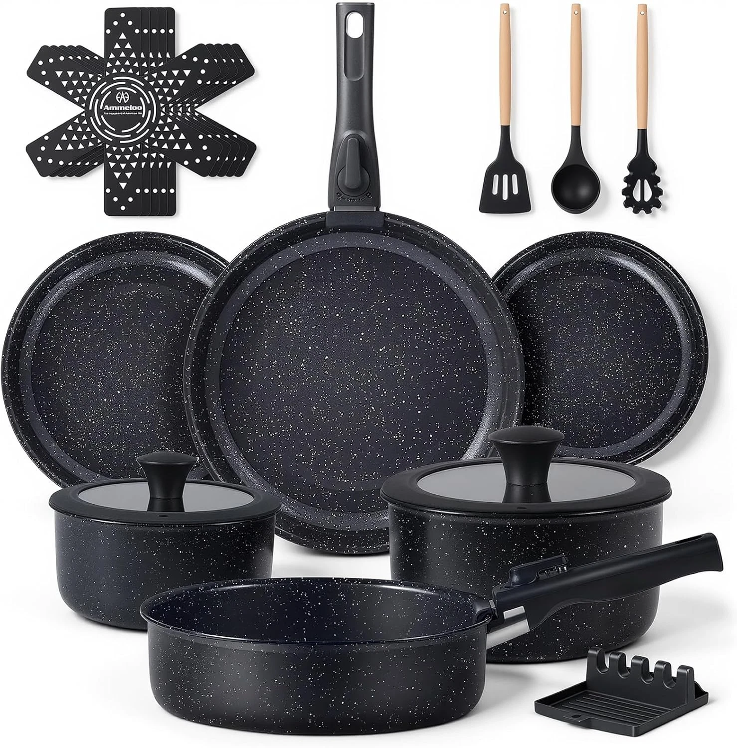 21 Pcs Pots & Pans Set Non Stick Ceramic Kitchen Cookware Set W/ Detachable