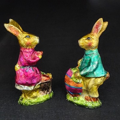2 Rachel Zoe Easter Faux Foil Wrapped Chocolate Bunny Rabbit Eggs Figurine 7.5''