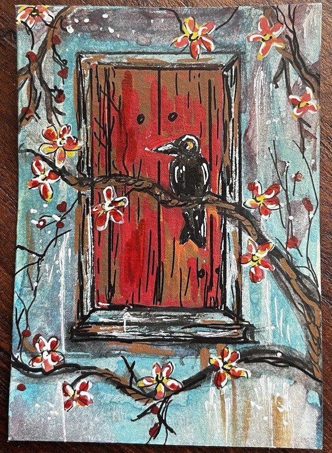 ACEO Original Botanical Raven Painting Acrylic ATC OOAK Cachetmaison Bird Folk
