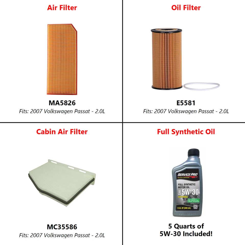2007 Volkswagen Passat 2.0L Complete Air, Oil & Cabin Filter Kit (5W-30) - Image 2 of 4