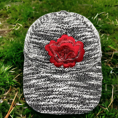 Red Rose Hat Black & White Tweed Strap Back Embroidered Flower Cap