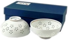 Pair Arita yaki porcelain Japanese Rice bowl Gohan Crystal glaze Cherry Carved