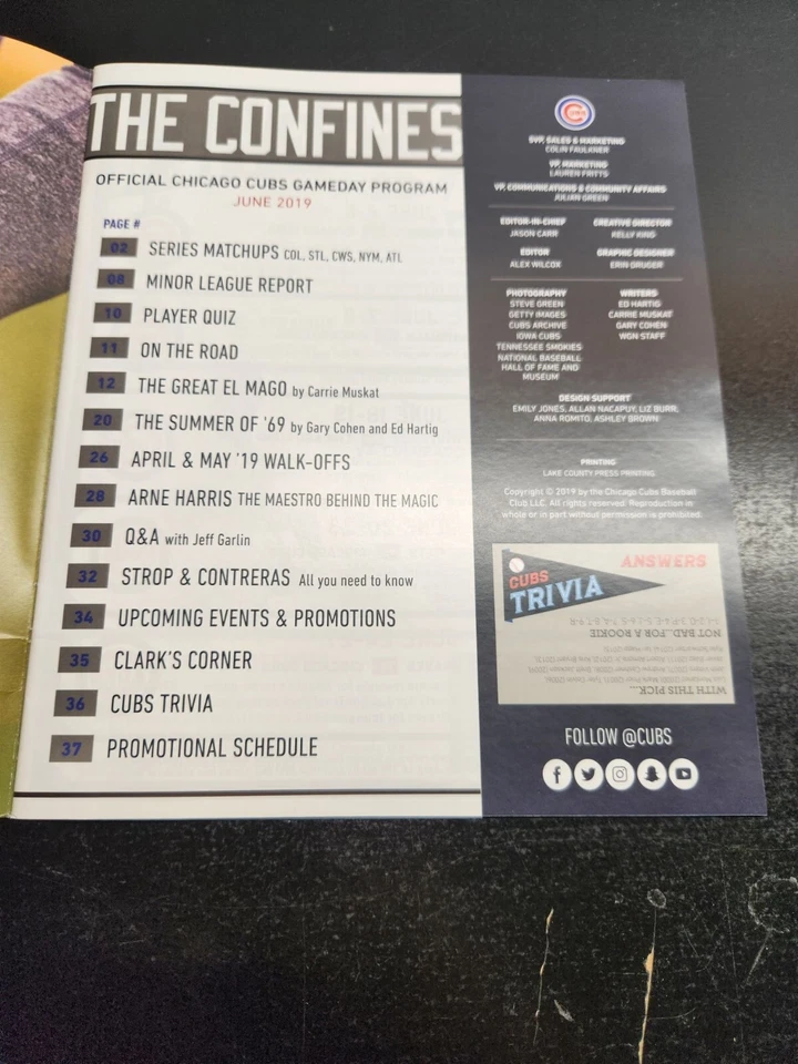 Chicago Cubs Gameday Program June 2019 "The Great El Mago" Edition - Image 4 of 4