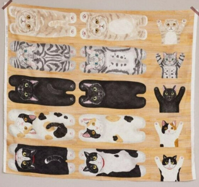 Kokka ''Cat Long Body on Wood'' Cotton Fabric Panel - from Japan - Adorable!