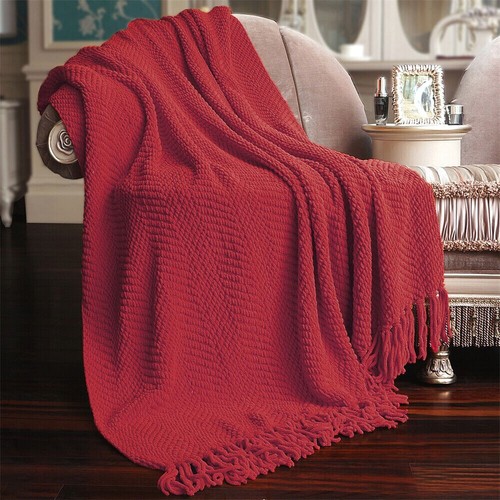 Boho Knitted Throw Blanket – Tweed Texture, Tassels, Lightweight Couch Bed Decor - Picture 286 of 337