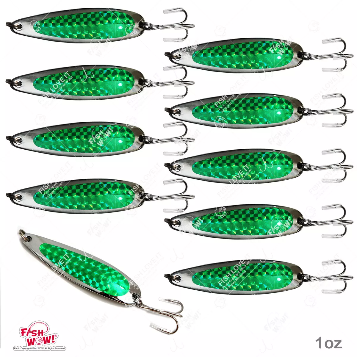 10pcs Fishing 1oz Spoon jig Treble Hook Casting Trolling Spoons Green Fish  WOW!®