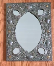 Vintage Silver and Brass Embossed Metal Mirror from Mexico Midcentury? 70s? 