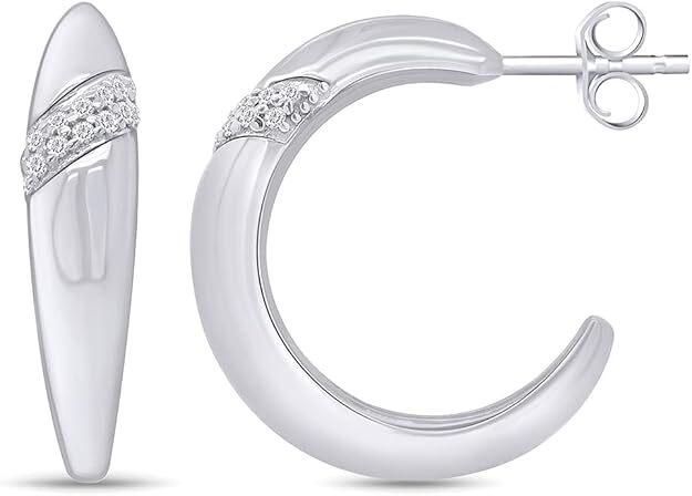 C-Shaped Dome Hoop Earrings with Round Cut CZ in Sterling Silver  