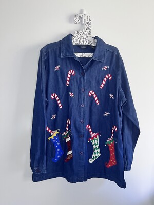 Austin Clothing Co Denim Embroidered Christmas button down shirt L