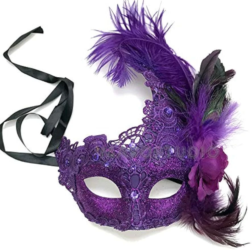 Purple Masquerade Lace Mask Pair Feather Birthday Mardi Gras Carnival Party - Image 3 of 3