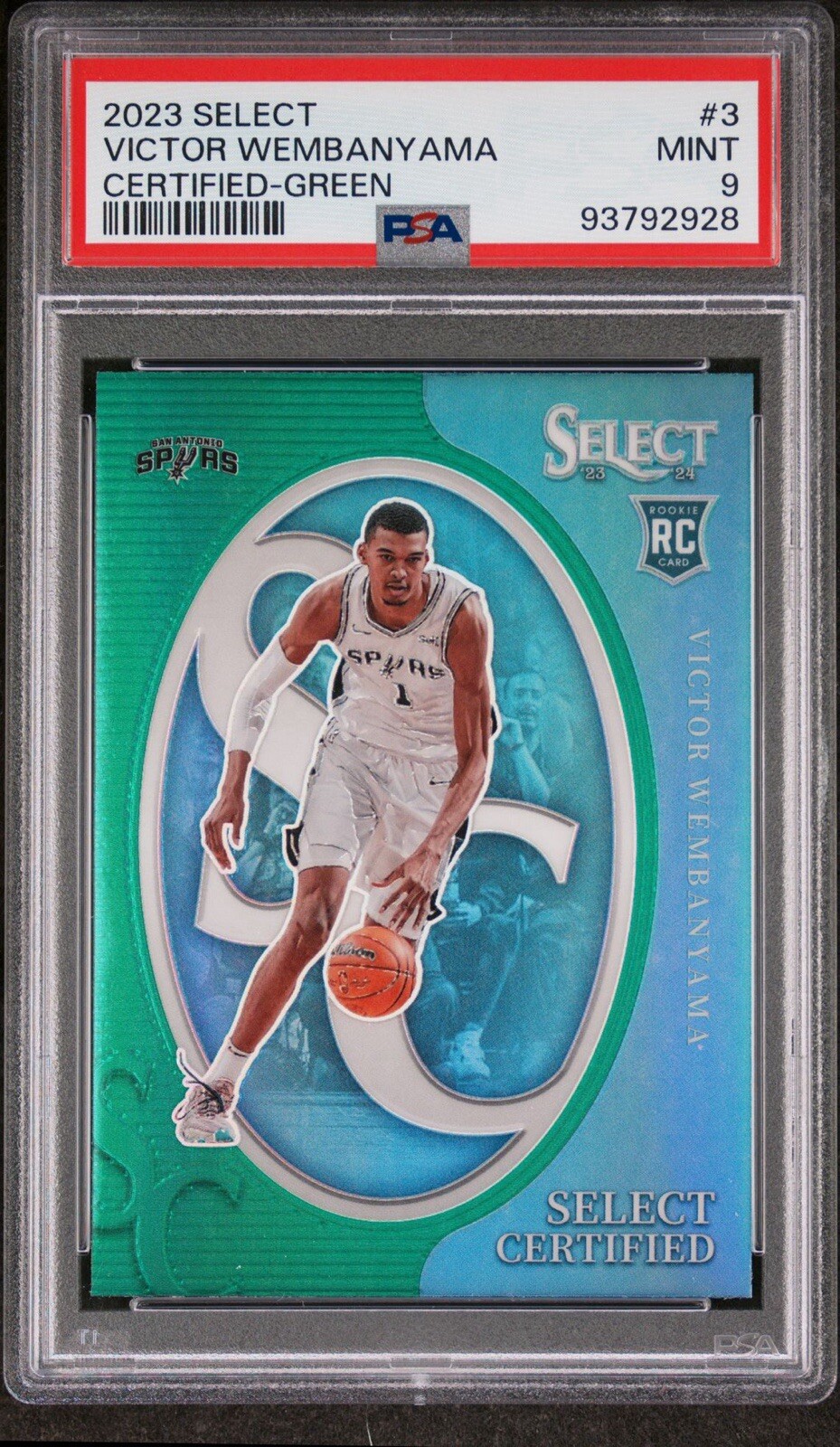 23-24 Panini Select Select Certified #3 Victor Wembanyama Green Prizm - PSA 9