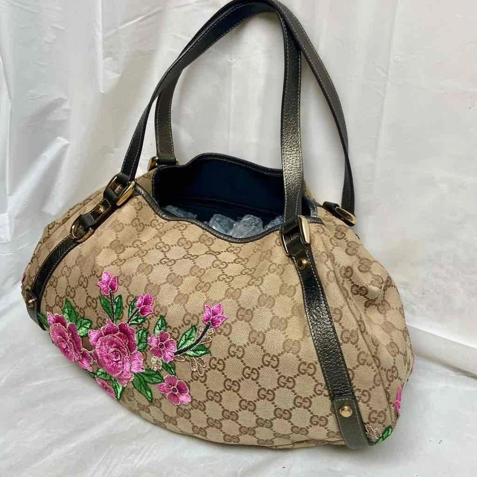 Bolso de Mano Vintage Gucci, Lona Recubierta Beige Mono Rosa Floral Foto 4 de 4