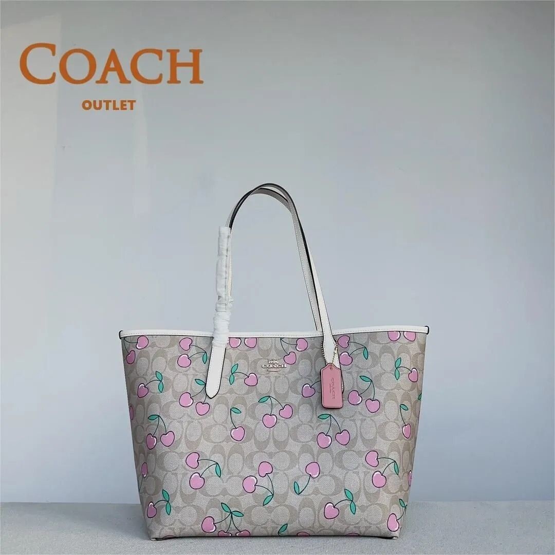COACH Tote Bag Signature Heart Cherry Print LIGHT KHAKI