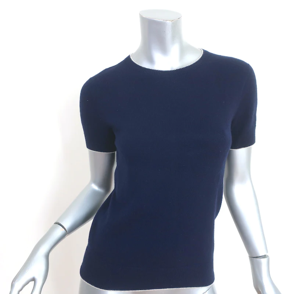 The Row Short Sleeve Sweater Top Navy Piped Knit Size Small