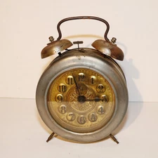 Large Antigue German Bell Alarm Clock Brass Face