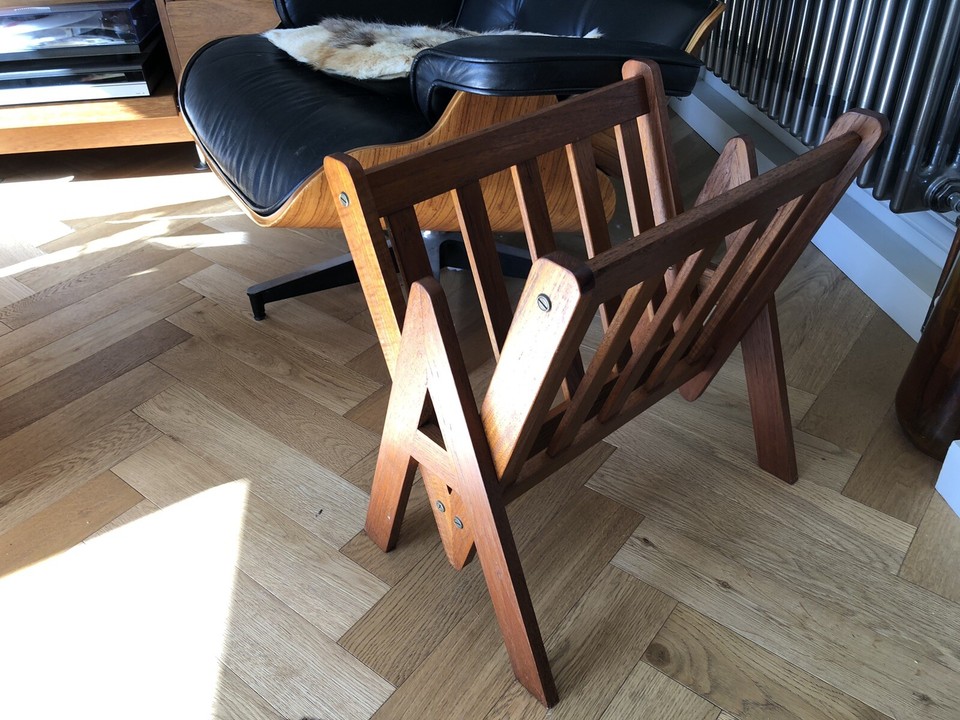 Vintage Danish Solid Teak Magazine Rack Record Rack A Leg Design Mid