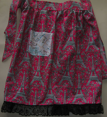 JKW Pink PARIS Eiffel Tower French Map Louvre Black Lace Half APRON w Pocket