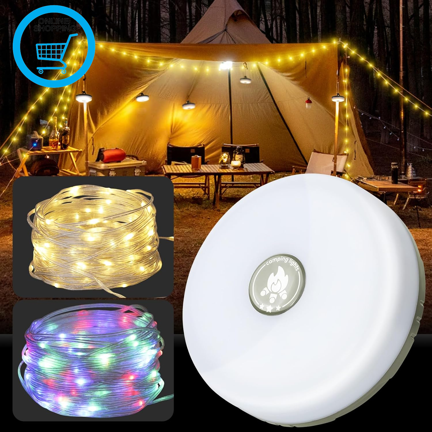 Camping String Lights 10M/32.8Ft, Rechargeable Outdoor Tent Lights with 2000Mah