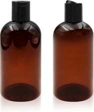 2 Pack 8 oz Amber Plastic Shampoo Bottles with Black Disc Caps Refillable Leak-P