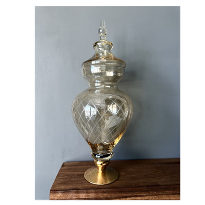 Vintage glass apothecary jar gold-etched, lattice-pattern & gold-finished base