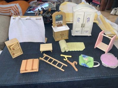 Vintage epoch/Calico Critters bathroom, wardrobe, hangers, various other items