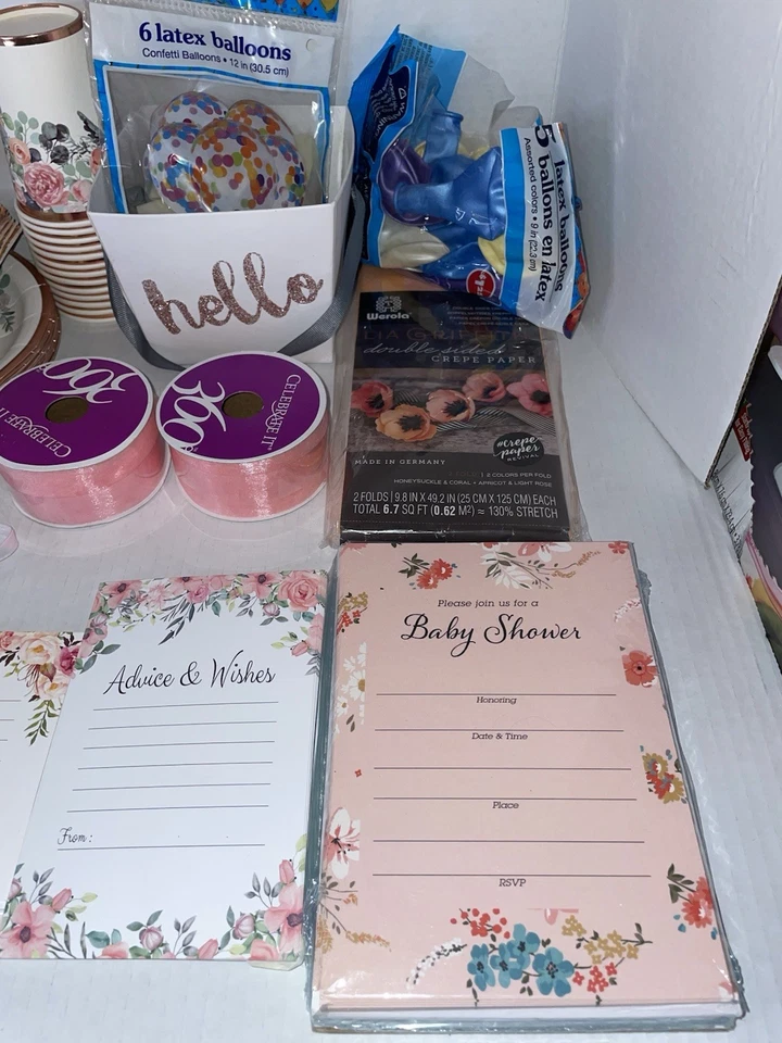 Juego de ducha para bebé niña platos florales servilletas tazas invitaciones globos oro rosa Foto 4 de 4