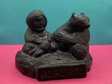 Vintage Alaska Intuit Black Soapstone Eskimo & Bear Souvenir Made in Alaska