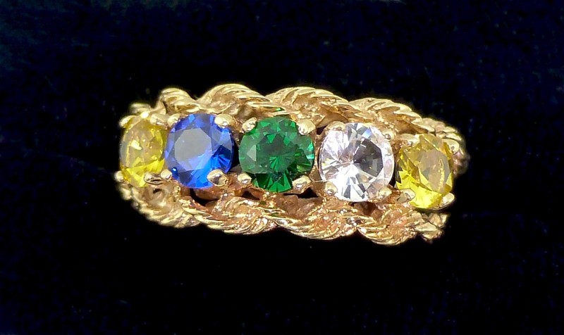 Vintage Beautiful 10K Yellow Solid Gold, Multi Stones Rope Ring Size 8