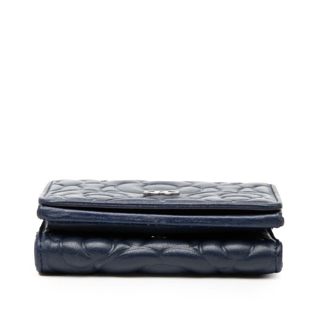CHANEL Camellia Coco Mark Tri-fold Wallet Navy Leather Women's