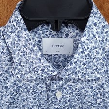 ETON Dress Shirt Mens 15 38 White Blue Floral Button Up Slim Fit 100 Cotton
