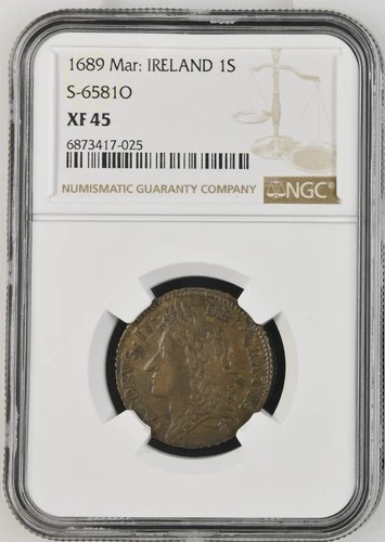 Ireland Gun Money James II Shilling 1689 Mar - NGC XF 45