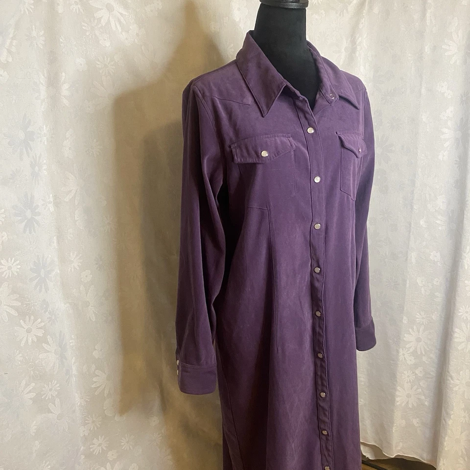 Maxi Camisa Vestido Denim & Co Para Mujer Púrpura Manga Larga Perla Botón Occidental Talla S Foto 3 de 4