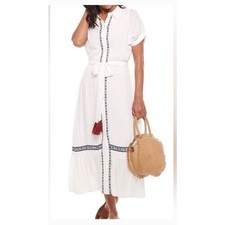 4660) Sonoma x Now+Gen White Embroidery Belted Tassel Maxi Skirt Dress Medium 